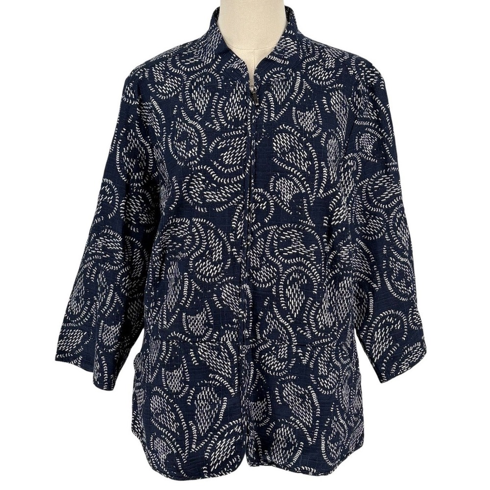 CJ Banks Zip Front Jacket Navy‎ Blue Paisley Sashiko Print 100% Cotton Size X